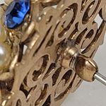 Antique Rhinestone Seed Pearl Hat Pin 4" Metallic Blue Golden Flower Lapel Stick Gold Photo 2