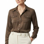 Chico's  Button Down Shirt Womens M Brown Silk Collared Stretch Modest Old Money Photo 0