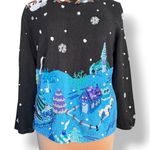 Vintage Michael Simon Event XL Holiday Village Sweater Black Blue Bead Applique Photo 3