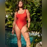 Aerie  Sparkle Babewatch One Piece Metallic Swimsuit in Heart Orange Red XL Photo 4