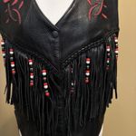 Red Rose Inlaid Suede Black Fringed Real Leather Biker Vest Lace Sides Small Photo 4