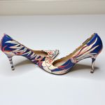 J.Crew Italian Made Leather Floral Heels Size 7.5 Cream Blue Red Print 4" Heel Photo 4