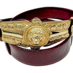 Judith Leiber vintage Lion's Head belt burgundy red leather & gold adjustable OS Photo 0