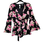 Lila Rose Lily Rose Black and Pink Floral Romper Belted Long Bell Sleeve Medium V Neck‎ Photo 0