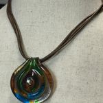 Vintage Fairy Core Green Brown Blue Glass Spiral Corded Pendant Necklace Choker Photo 2