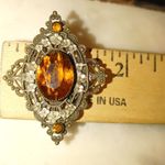 Antique Victorian Brass Filigree Brooch Yellow Orange Amber Colored Glass Photo 1