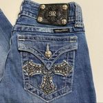 Miss Me Crop Capri Denim Jeans Dark Stone Wash Cross Flap Blue Rhinestone Sz 30 Photo 1