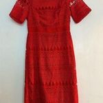 Eva Mendes Sheath Dress Red Lace Overlay Short Sleeve Modest Cocktail Party Photo 0