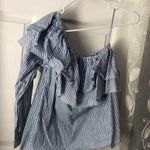 ZARA White Blue Striped Asymmetrical One Shoulder Ruffle Top blouse sz S cotton Photo 0
