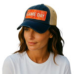 Genevieve Gail Game Day Trucker Hat Distressed Patch Football Blue Orange Blue Photo 0