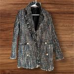Sans Souci Womens sz S Tweed Metallic Fringe Woven Pearly Button Blazer Preppy Photo 5