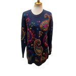 Christina Navy Blue with Bright Colored Paisley Pattern Crewneck Long Sleeve Han Size L Photo 11