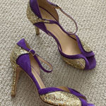 Kate Spade Corinne Carla Glitter Gold Purple High Heel Peep Toe Shoes Like New Photo 0