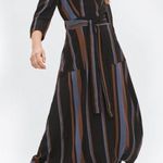 ZARA Long Striped Dress 3/4 Sleeves V Neck Self Belt Size Medium RUNS SMALL Photo 0