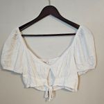Olivaceous Crop Top White Puff Sleeve Keyhole Tie Front Neutral Summer Spring Photo 0