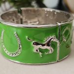 Vintage Silver Green Equestrian Horse Clamper / Hinge Bracelet Photo 4