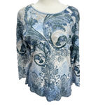 Jess & Jane Blue White Gray Floral Cotton Top with Rhinestones Size Small NEW Photo 1