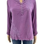 Sonoma (M) Purple Floral Embroidered Roll-Tab Sleeve Henley Tee Shirt Photo 0