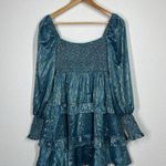 VICI Shine On Metallic Tiered Babydoll Dress XS Teal Gold Smocked Photo 4