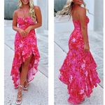 Amanda Uprichard  Estrada Halter Floral‎ High Low pink Ruffle Red Maxi Dress XS Photo 1