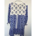 Entro  Damask Tapestry V-Neck Babydoll Mini Dress Blue & White Small Photo 3