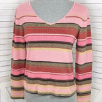 Emma James  Petite Striped Multicolor V Neck Sweater Pink Brown Large Photo 0
