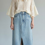 Altar'd State Altar’d State Light Wash Denim Midi Skirt Front Slit Size Medium NWT Boho Denim Photo 0