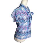 Vintage 80s Blouse Bow Tie Small Zigzag Pastel Purple Blue Short Sleeve Sheer Size M Photo 4