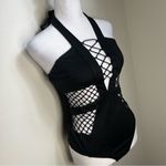 Essue  Black goth One Piece halter Swimsuit with Mesh Details size S NWT Photo 2