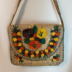 Vintage 1960s Woven Straw Purse Handbag Boho Flowers Green Orange Yellow Photo 0