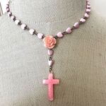 Pink heart flower cross rosary necklace Photo 0