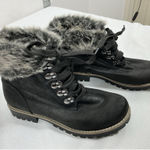 Cliffs Womans Laceup Pullon Ankle Boots 7 M Black Chunky Heel,fur Cuff Round Toe Photo 0
