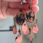 Wooden Panda Bear Dangle‎ Earrings Vintage Funky Earthy Brown Pink Artsy Jewelry Photo 0