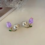 Trendy Elegant Purple Tulip Flower Pearl Stud Earrings, Women's‎ Stud Earrings Gold Photo 3