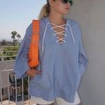 Free Assembly Oversized Striped Lace Up Cotton Hooded Blouse Top Sz S Blue Photo 0