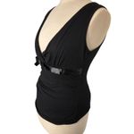 Sharagano  Womens Vtg Black Babydoll Ruched Tank Top Bow Sz L France V Neck Y2K Photo 3