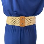 Boho Woven Lacey Waist Belt with Bow Suede Accent Snap Back Stretch Cream Brown Tan Photo 2