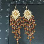 Unsigned Pink/Gold Bohemian Long Beaded Chandelier Festival Boho Earrings 35.5g Photo 6
