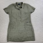 French Curve Linen Dress Womens Medium Olive Green Fringe Trim Pockets Casual Photo 0