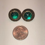 Vintage Brass Tone & Green Glitter Round Dome Clip On Earrings Photo 1