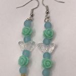 Handmade  Mint Green Floral Butterfly Beaded Earrings Photo 1