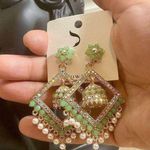 Pakistani Indian Bollywood Style Elegant Gold and Green Dangle Earrings Photo 3