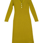FRNCH  Paris Ribbed Knit‎ Midi Dress Cotton Blend Button Front Gold Mustard Photo 0