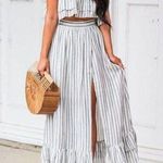 Listicle  Striped Tube Strapless Crop Top Maxi Skirt w High Slit Blue White Large Photo 0