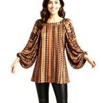 LaRok Silk Blend Tunic Dress Velvet Dot Ruched Sheer Sleeve Boho Chic Size Small Brown Photo 2