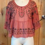 Free People Pennies Sequel Semi-Sheer Rust Embroidered 3/4-Slv Blouse Top VGUC XS Photo 2