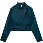 ZARA NWT  Crop Top Blouse, Mock Neck, long sleeve, ruched hem in blue size medium Photo 2