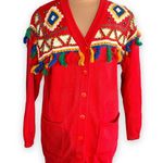 Vintage 80s Red Cardigan Sweater Beaded Southwestern Fringe Oversized Vneck XS Photo 3
