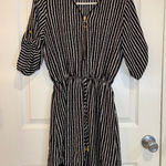 J for Justify  Women's Romper Striped Zip Front Roll Tab Sleeve Black White Photo 0