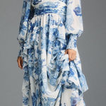 Anthropologie BHLDN Long Sleeve Chiffon Blue Floral Maxi Dress Size Medium Photo 0